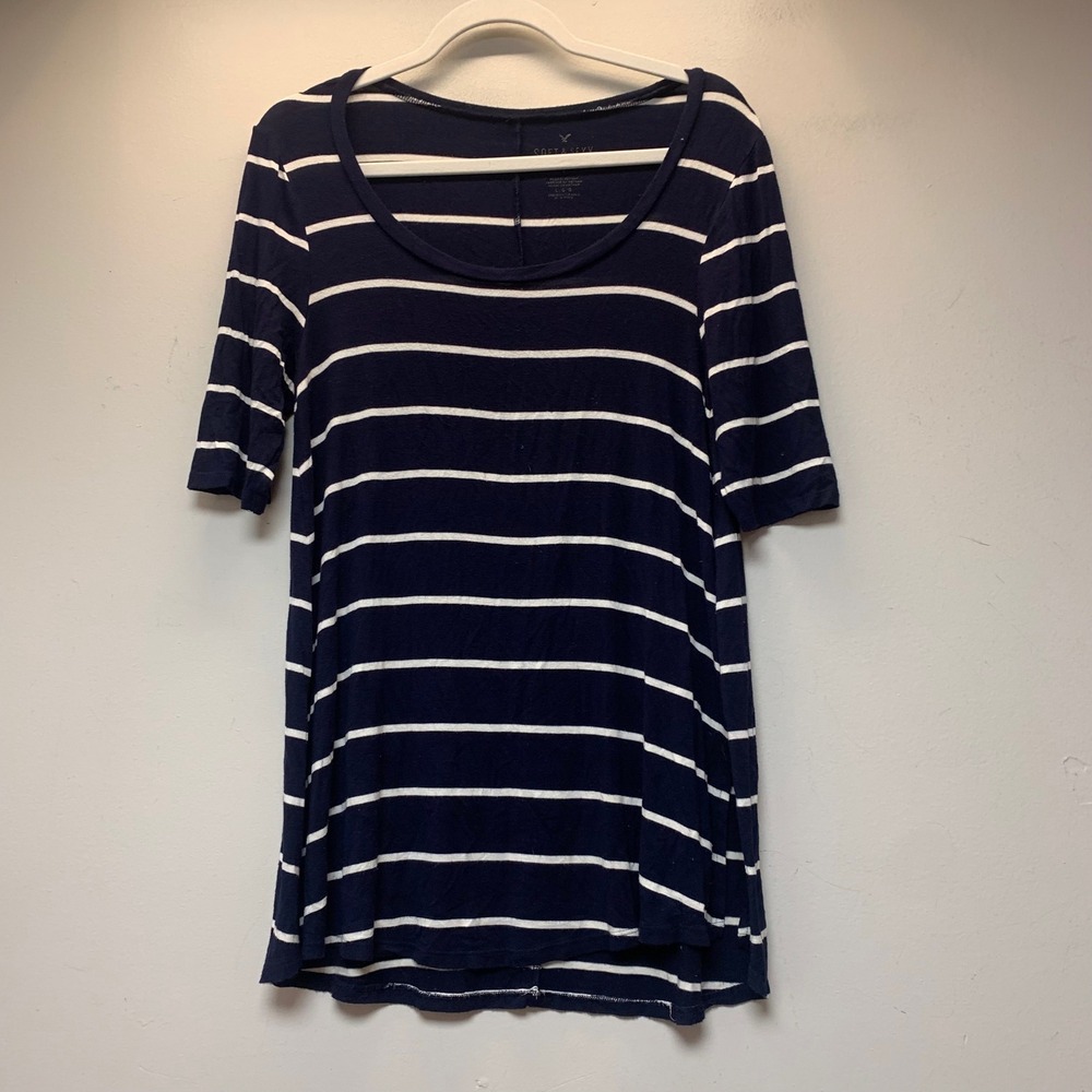 American Eagle Tunic Top Womens L Navy Blue Excellent Striped Soft & Sexy